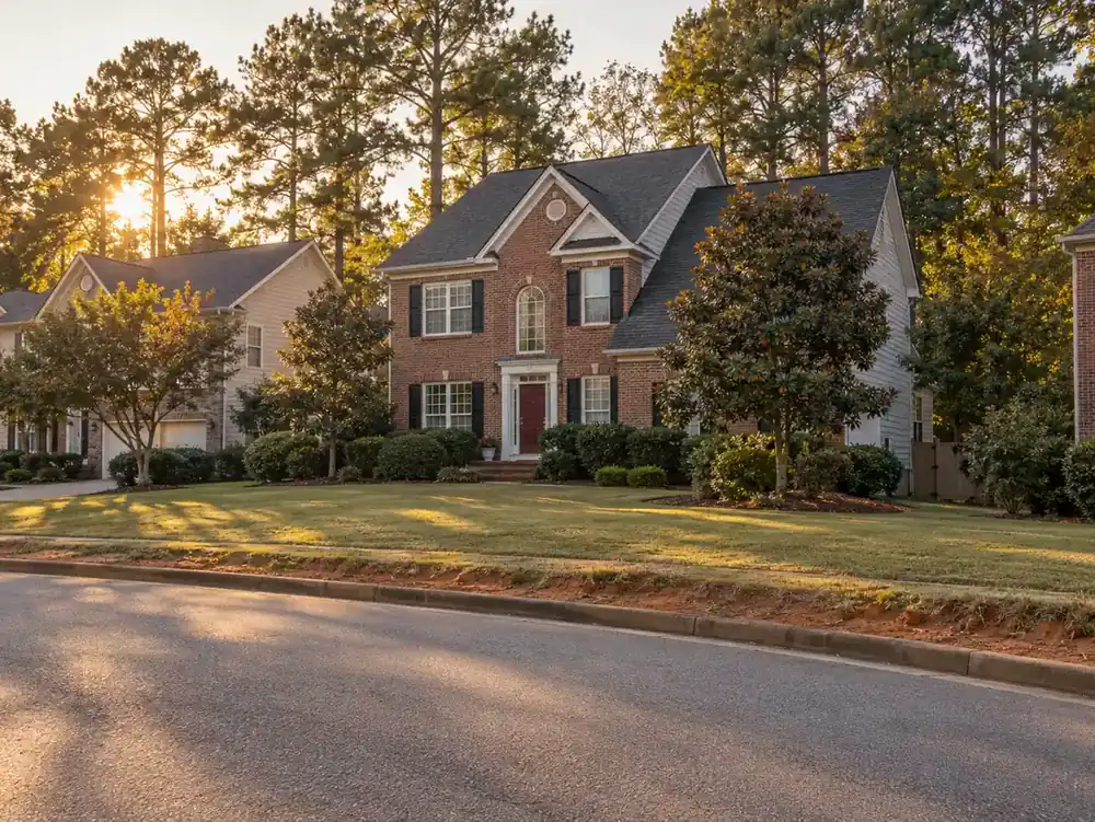 Two-story brick-and-siding homes line a suburban street with pines and a red-clay curb edge.