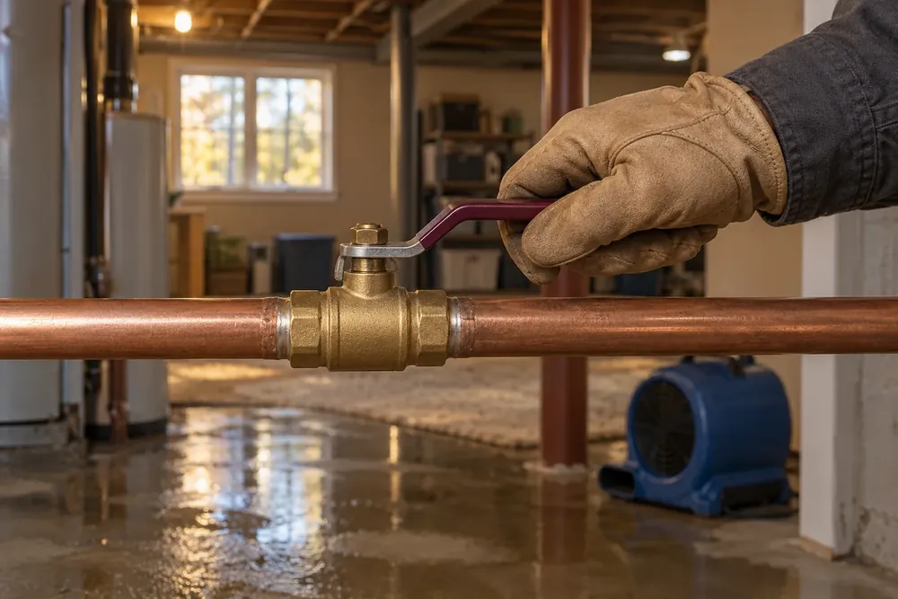 Hand turning a basement water shutoff valve beside a copper pipe and meter