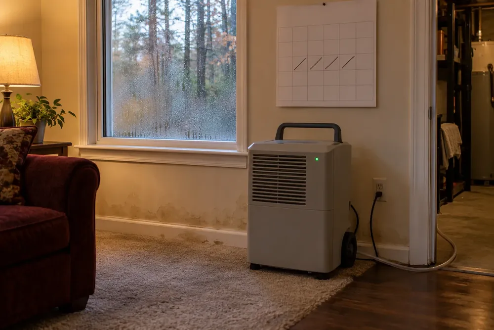 Dehumidifier beside a calendar with four crossed-off days and a window with condensation