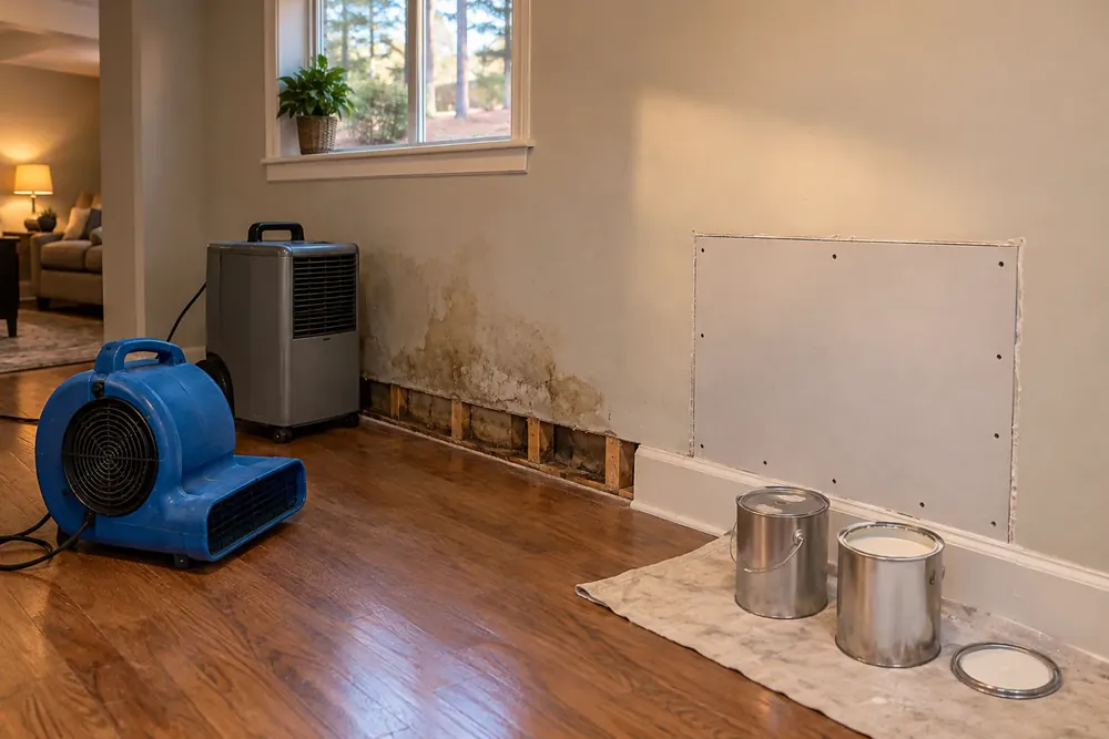 Drying equipment on one side of a room, drywall patch and primer cans opposite