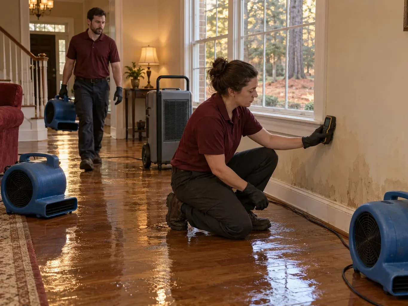Two technicians check a wet hardwood floor and carry an air mover beside a dehumidifier.