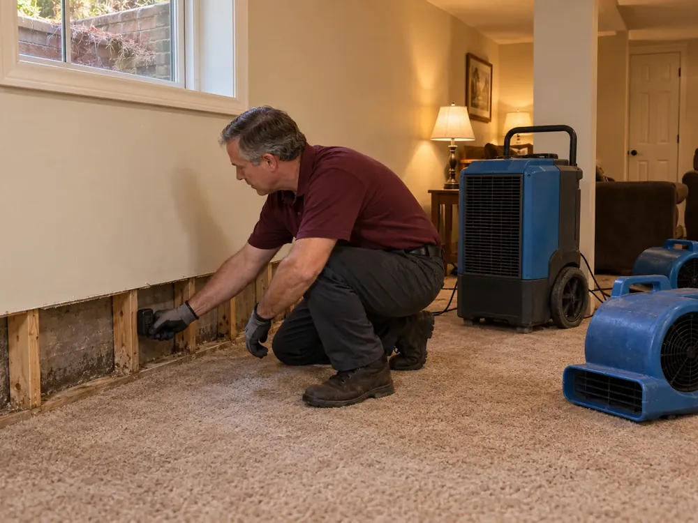 A technician crouches at a basement wall cut open near the floor, holding a moisture meter.